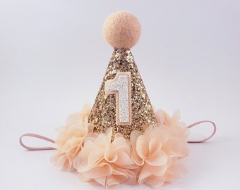 first birthday hat, birthday party hat, gold peach birthday, girl first birthday, girl 1st birthday, 1st birthday party hat, girl party hat