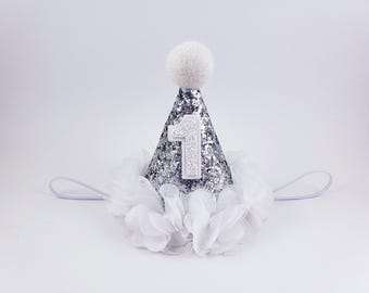 silver first birthday hat, birthday party hat, classic 1st birthday, girl first birthday, girl 1st birthday, 1st birthday hat, girl party ha