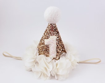 1st birthday hat, first birthday party hat, gold cream birthday, girl 1/2 birthday, girl 1st birthday, 1st birthday party hat, 1st party