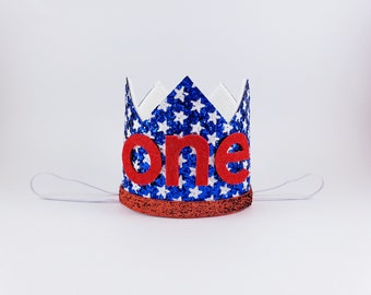 4th of July birthday crown, our little firecracker, stars stripes and lots of fun, red white and one, red white and blue crown, 4th of july