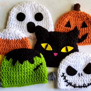 Bonnets/chapeaux bébé Halloween ; Frankenstein, squelette, citrouille-lanterne, chat noir, fantôme, bonbons au maïs ; Nouveau-né, Tout-petit, Enfant, Adulte