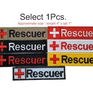 1 Pcs. Red Cross Rescuer patch Firs Aid paramedic EMS EMT Medic Rescue  hook backing for attachment or sew on patch size tall 1&quot; x lenght 4&quot;