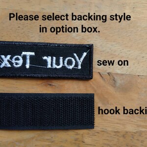May include: Two options for attaching a patch to a garment. The first option is a black patch with white embroidery that says "Your Text" and the text "sew on". The second option is a black hook and loop fastener with the text "hook backing".