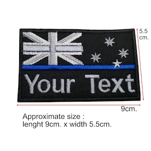 Kundenspezifischer Name Text Polizei dünne blaue Linie Australien Flagge dünne Linie Patch Hakenunterlage für angebrachtes annähen auf Größe 9 cm. X 5,5cm.