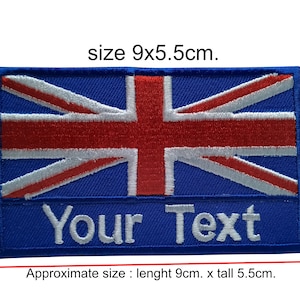 May include: A blue embroidered patch with the Union Jack flag and the text "Your Text". The patch is approximately 9 inches long and 5.5 inches tall.