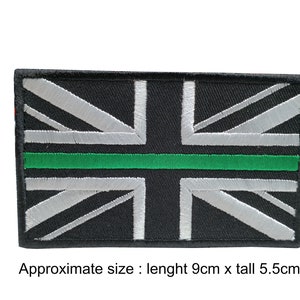 UK Flag thin green line Ambulance Rescue EMS emt paramedic Union Jack flag patch hook backing for attachment or sew on size 9cm. X 5.5cm.