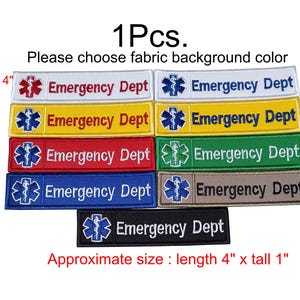 Puede incluir: Parches bordados con el texto "Emergency Dept" en varios colores, incluyendo blanco, amarillo, rojo, azul, verde y marrón. Cada parche presenta un símbolo médico. Tamaño aproximado: 10 cm de largo x 2,5 cm de alto.