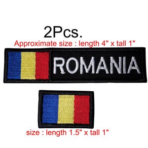 May include: Two embroidered patches featuring the Romanian flag and the word "ROMANIA" in white lettering. The larger patch measures 4 inches long and 1 inch tall. The smaller patch measures 1.5 inches long and 1 inch tall.
