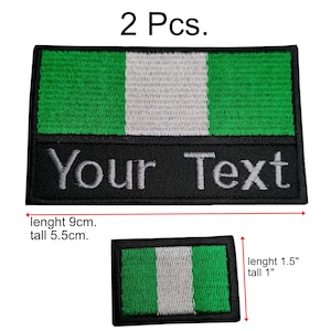 2tlg. Nigeria-Flaggenpatch Benutzerdefinierter Name Text und kleine Nigeria-Flagge mit Hakenbefestigung oder zum Aufnähen, Größe 5,5 cm. Durchmesser: ca. und 3,5cm x 2cm