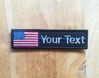 Nome personalizado Texto linha azul fina Patch de bandeira dos EUA com acessório de gancho ou costura no tamanho 4" x 1",5" x 1",6" x 1"