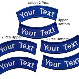 Peut inclure: Ensemble de quatre patchs brodés bleus avec du texte blanc qui dit "Your Text". Les patchs sont incurvés et conçus pour être cousus sur des vêtements ou d'autres articles. Le texte "select 2 Pcs." est en haut de l'image. Le texte "2 Pcs. Upper" et "2 Pcs. Bottom" est en dessous des patchs.