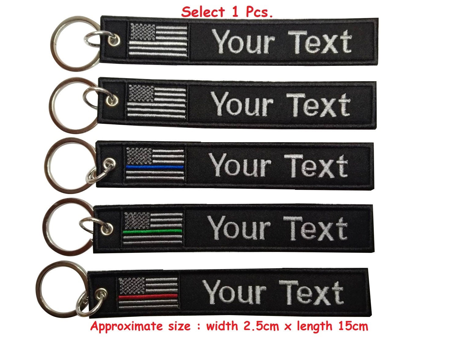 Custom name text USA flag keychain thin line police key chain embroidered patch keychain key ring key tag bag holder size 15cm x 2.5cm