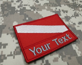 Diving Flag / Diver Down flag, custom text patch embroidered, sew on or hook backing attachment select size 3.5&quot;x 2.5&quot; / 3.5&quot;x 2&quot;