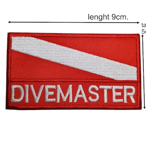 DIVEMASTER Diving Flag / Diver Down flag, embroidered patch sew on or hook backing attachment size 5x9cm (2&quot;x3.5&quot;)