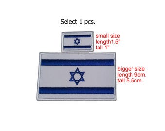 May include: Two embroidered patches of the Israeli flag. The larger patch is 9cm long and 5.5cm tall, and the smaller patch is 1.5 inches long and 1 inch tall. Both feature a white background, blue stripes, and a blue Star of David.