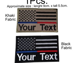 1Pcs. Custom name thin red line blue line USA flag patch khaki black Fabric background hook backing for attachment or sew on size 9cmX5.5cm