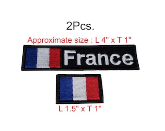 May include: Two iron-on patches featuring the French flag and the word "France" in white lettering. The larger patch is 4 inches long and 1 inch tall. The smaller patch is 1.5 inches long and 1 inch tall.