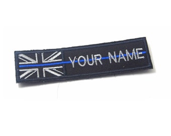Custom name Text thin blue line Union Jack UK flag police patch with hook backing attachment or sew on size 4&quot; x 1&quot;, 5&quot;x 1&quot;, 6&quot;x 1&quot;