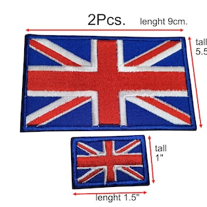May include: Two embroidered iron-on patches featuring the Union Jack flag of the United Kingdom. The larger patch is 9 cm long and 5.5 cm tall. The smaller patch is 1.5 inches long and 1 inch tall.