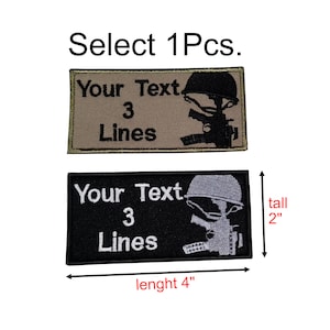 May include: Two embroidered patches, one beige and one black, with a soldier silhouette holding a rifle. Both patches have the text "Your Text 3 Lines". The patches are 4 inches wide and 2 inches tall.