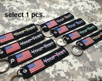 1 llavero de línea fina con texto personalizado y nombre. Llavero con texto personalizado. Llavero con la bandera de EE. UU., llavero con parche bordado, tamaño del llavero: 1" x 4,5"