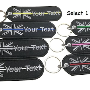UK Flag Custom name text Your text Union Jack  flag key chain thin line embroidered patch key chain key ring tag bag size 11 cm x 3.5 cm