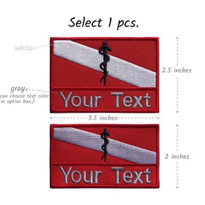 Może przedstawiać: Dwa czerwono-białe łaty z flagą nurkową z czarnym symbolem medycznym i tekstem "Your Text". Górny łata ma 3,5 cala szerokości i 2,5 cala wysokości. Dolny łata ma 3,5 cala szerokości i 2 cale wysokości.
