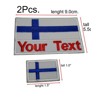 Peut inclure: Deux patchs thermocollants représentant le drapeau finlandais. Le plus grand patch mesure 9,0 cm de long et 5,5 cm de haut et porte le texte "Your Text" en rouge. Le plus petit patch mesure 1,5 pouce de long et 1,0 pouce de haut.