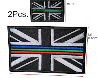 2 stuks. UK Vlag Politie Ambulance Brandweerman EMS rood groen blauwe lijn patch haak achterkant voor bevestiging of naai op maat 1 "x1.5" en 9cm.X5.5cm.