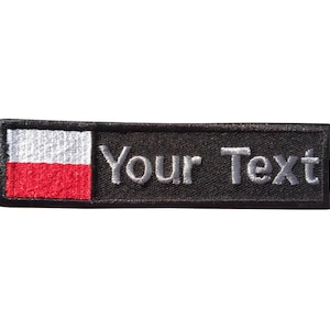 May include: Black embroidered patch with the Polish flag on the left and the text "Your Text" on the right.