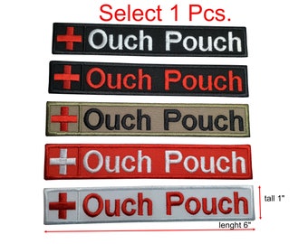 Ouch Pouch Red Cross patch Medic Med paramedic EMS EMT Rescue Emergency Ambulance hook backing for attachment or sew on patch size 6&quot; x 1&quot;