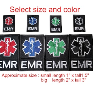 May include: Set of embroidered iron-on patches with the letters "EMR" and a red, blue, green, or black star of life symbol. The patches are available in two sizes: small (1 inch by 1.5 inches) and large (2 inches by 3 inches).