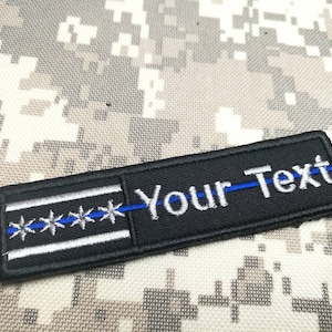 Custom name Text patch thin blue line police SWAT USA Ilinois flag patch with hook backing attachment or sew on size 4&quot;x 1&quot; , 5&quot;x 1&quot;, 6&quot;x 1&quot;