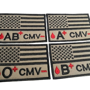 May include: Four embroidered patches featuring an American flag design. Each patch displays a blood type and CMV status: AB+ CMV-, A+ CMV-, O+ CMV-, B+ CMV-.