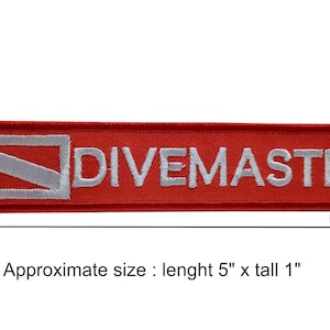 DIVEMASTER Patch Diving Flag / Diver Down flag, embroidered sew-on or hook backing attachment  5&quot;x 1&quot;