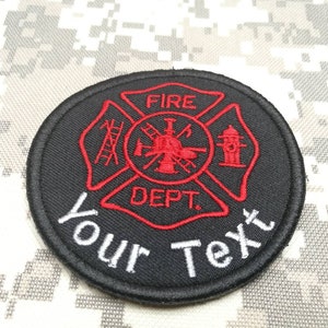 May include: Black and red embroidered patch with a fire department symbol and the text "FIRE DEPT." and "Your Text".