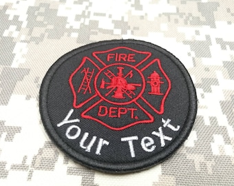 May include: Black and red embroidered patch with a fire department symbol and the text "FIRE DEPT." and "Your Text".