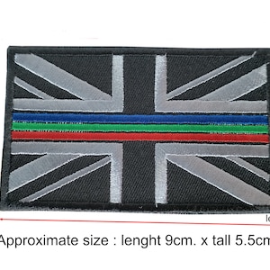 UK Police Ambulance Fire Fighter Rescue EMS Union Jack Flag red green blue line patch hook backing for attachment or sew on size 9cm.X5.5cm.