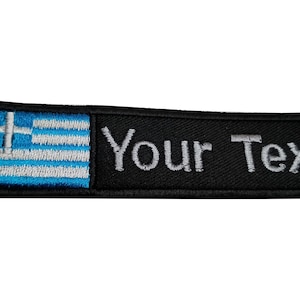 Greece Flag patch Custom name Text Your Text name Greece flag patch with hook backing attachment or sew on size 4&quot;x 1&quot; , 5&quot;x 1&quot;, 6&quot;x 1&quot;