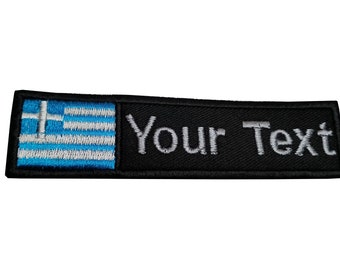 Greece Flag patch Custom name Text Your Text name Greece flag patch with hook backing attachment or sew on size 4"x 1" , 5"x 1", 6"x 1"
