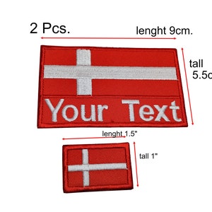 2 Pcs. Denmark Flag patch Custom name Text Your text Denmark flag with hook backing attachment or sew on size 5.5cm. x 9cm. and 1&quot; x 1.5&quot;