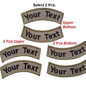 Peut inclure: Ensemble de six patchs en tissu beige avec du texte brodé noir qui dit "Your Text". Les patchs sont incurvés et conçus pour être cousus sur des vêtements. Le texte "Select 2 Pcs." est en haut de l'image. Le texte "2 Pcs. Upper" et "2 Pcs. Bottom" est sous les patchs.