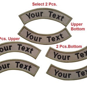 Puede incluir: Parches bordados de color beige con el texto "Your Text" en negro. Los parches son curvos y están etiquetados como "Upper" y "Bottom". La imagen muestra múltiples parches, con texto que indica la cantidad de cada uno.