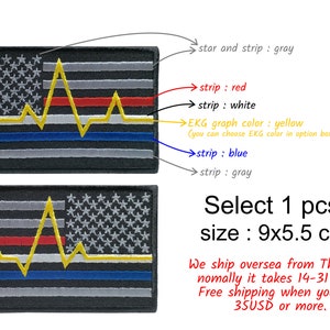 Könnte beinhalten: Ein schwarzer und grauer gestickter Patch mit einem stilisierten amerikanischen Flaggen-Design. Die Flagge hat eine gelbe EKG-Linie in der Mitte und rote, weiße und blaue Streifen. Der Text "Select 1 pcs. size: 9x5.5 cm" befindet sich unter dem Patch.