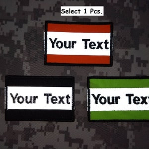 May include: Three embroidered patches with white text that says "Your Text" on a red, black, and green background. Select 1 Pcs.