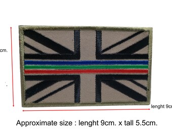 UK Police Ambulance Fire Fighter Rescue EMS Union Jack Flag red green blue line patch hook backing for attachment or sew on size 9cm.X5.5cm.