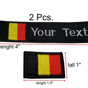 2 Pcs. Belgium Flag patch Custom name Text and small patch with hook backing attachment or sew on size 4&quot;x1&quot; , 5&quot;x1&quot;, 6&quot;x1&quot; and 1&quot;x1.5&quot;