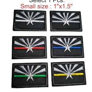 May include: Six embroidered patches featuring the Arizona state flag with a thin line in different colors. The patches are 1 inch by 1.5 inches and are available in red, blue, green, yellow, and white.