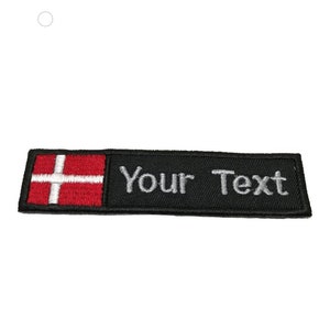 Denmark Flag patch Custom name Text Denmark flag patch with hook backing attachment or sew on size 4&quot;x 1&quot; , 5&quot;x 1&quot;, 6&quot;x 1&quot;