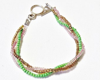 To Bead or Not to Bead? Braided Bracelet Seed Beads Green Yellow Pink Braided Gift for her handmade Dainty Classy Unique cottage colorful